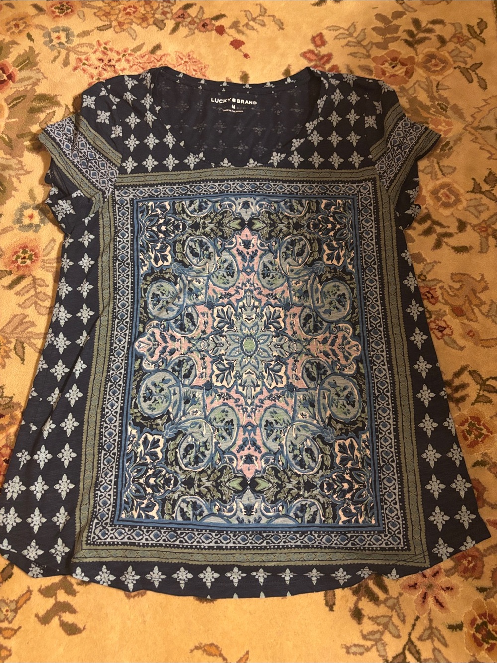 Lucky Brand Navy Blue Printed Cap Sleeve Top with Pastel Medallion
